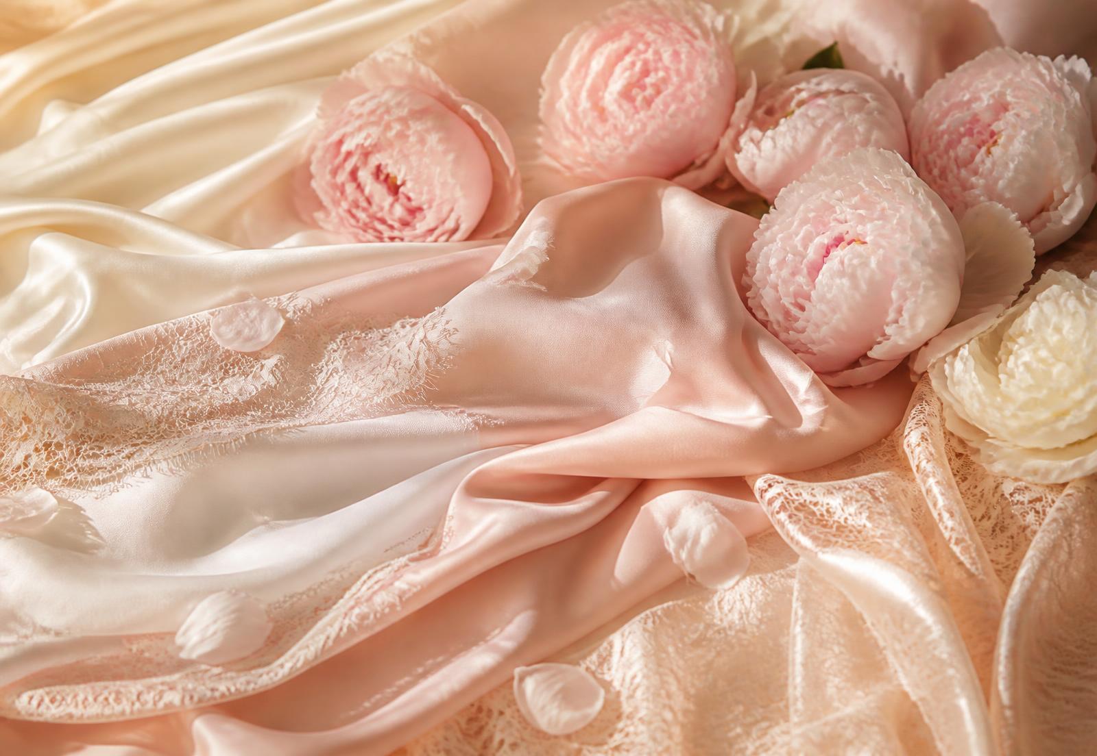 Blush silk and lace fabric draped with soft peony blooms