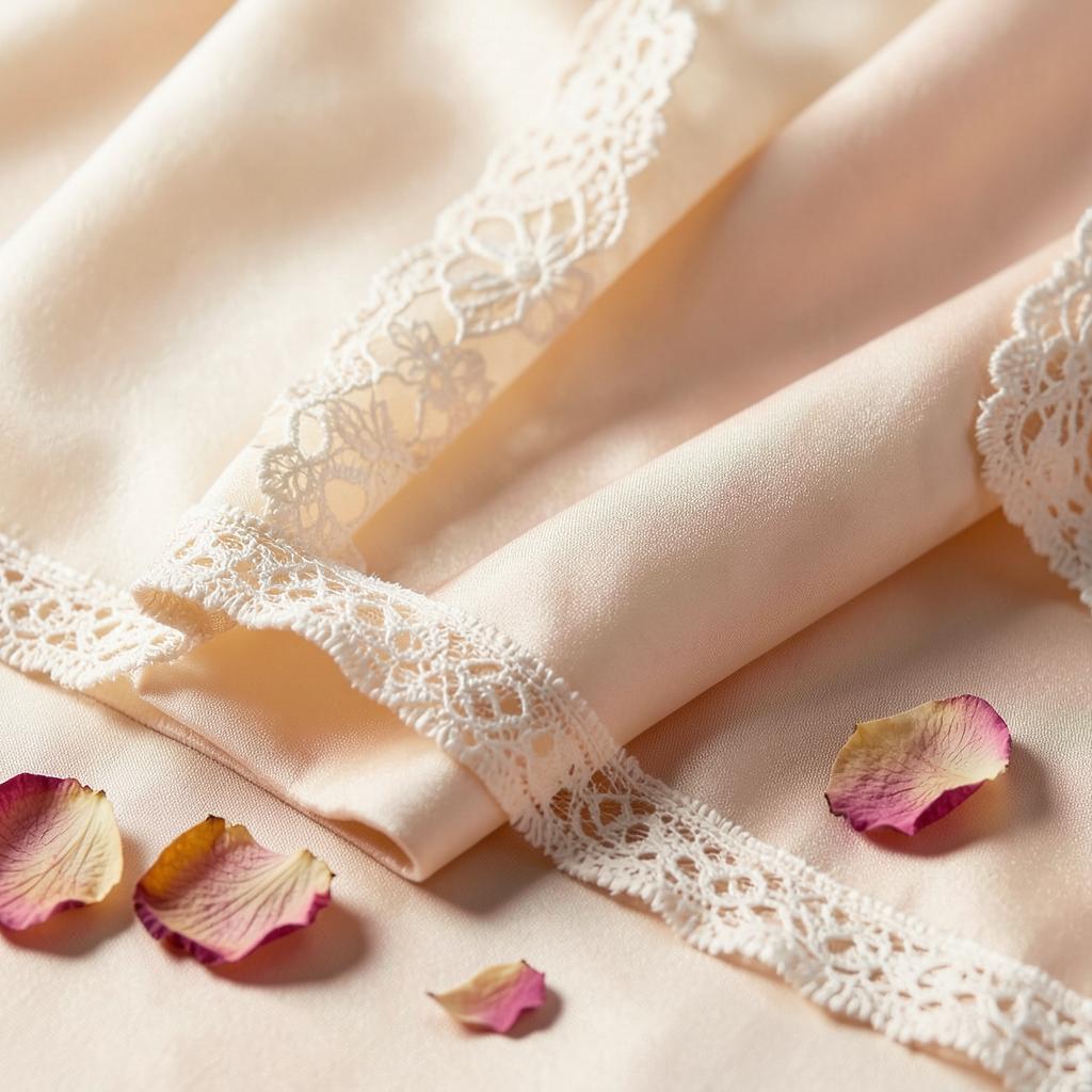 Close-up of blush silk fabric with delicate lace trim